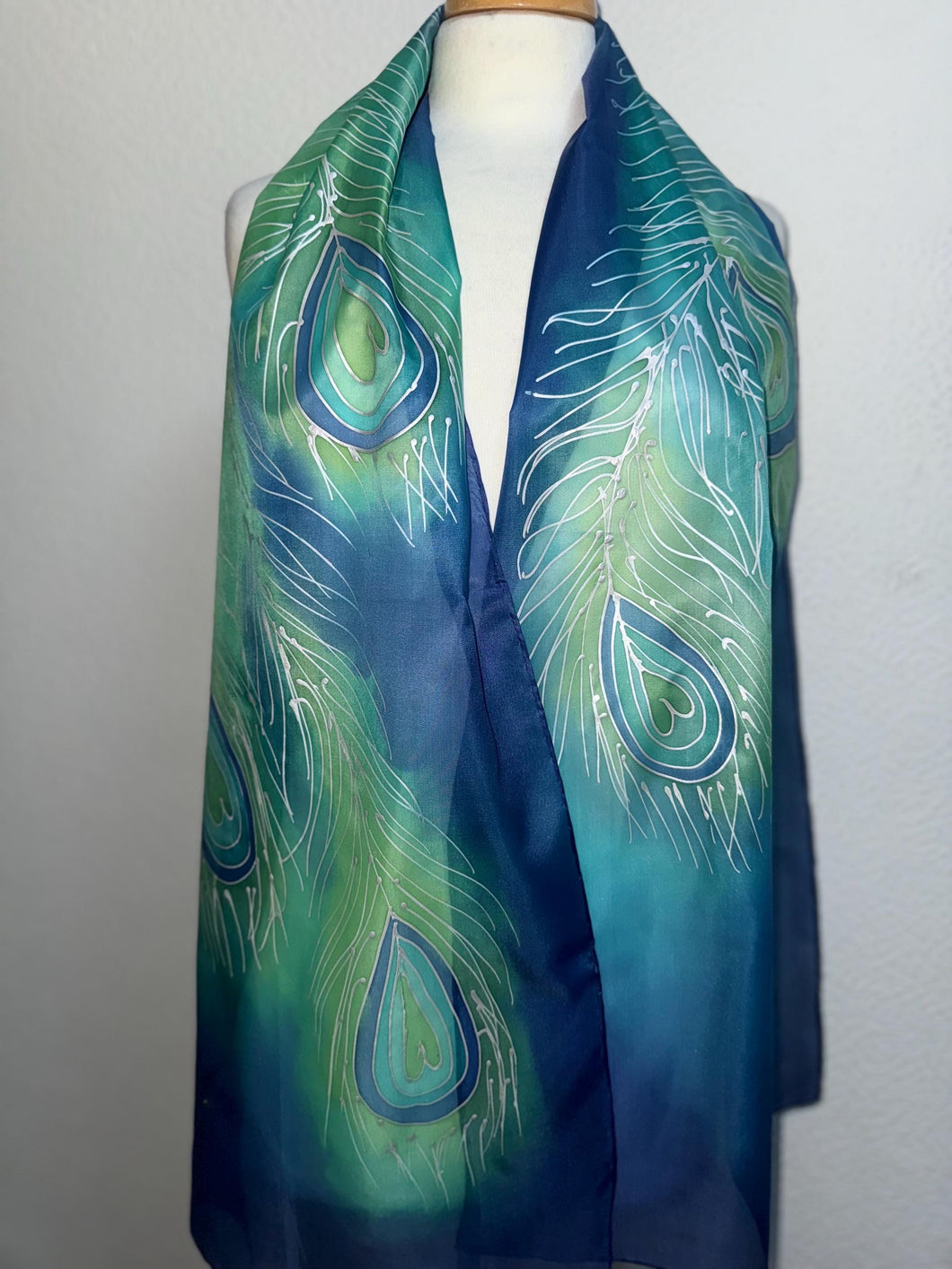 Peacock Feathers Design X Long Silk Scarf in Dark Blue : Hand Painted Silk