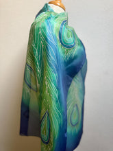 Load image into Gallery viewer, Peacock Feathers Design X Long Silk Scarf in Dark Blue : Hand Painted Silk
