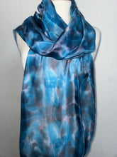 Load image into Gallery viewer, Hand Dyed Long Silk Scarf in Turquoise Grey White by Designer Silk Artist
