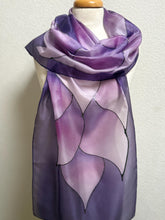 Load image into Gallery viewer, Flames Design X Long Silk Scarf in Shades of Purple Hand Painted Silk by Designer Silk

