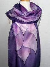 Load image into Gallery viewer, Flames Design X Long Silk Scarf in Shades of Purple Hand Painted Silk by Designer Silk
