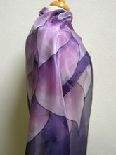 Load image into Gallery viewer, Flames Design X Long Silk Scarf in Shades of Purple Hand Painted Silk by Designer Silk
