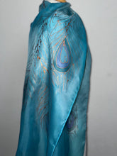 Load image into Gallery viewer, Peacock Feathers Design X Long Silk Scarf in Turquoise Blue : Hand Painted Silk
