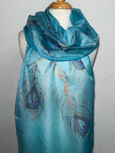Load image into Gallery viewer, Peacock Feathers Design X Long Silk Scarf in Turquoise Blue : Hand Painted Silk
