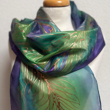 Load image into Gallery viewer, Peacock Feathers Design X Long Silk Scarf in Green Blue Copper : Hand Painted Silk
