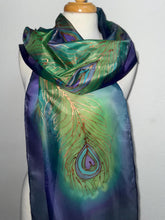Load image into Gallery viewer, Peacock Feathers Design X Long Silk Scarf in Green Blue Copper : Hand Painted Silk
