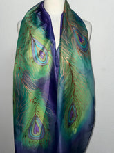 Load image into Gallery viewer, Peacock Feathers Design X Long Silk Scarf in Green Blue Copper : Hand Painted Silk
