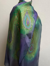 Load image into Gallery viewer, Peacock Feathers Design X Long Silk Scarf in Green Blue Copper : Hand Painted Silk
