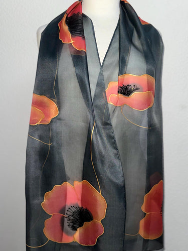 Poppies Design X Long Silk Scarf Red and Black : Hand Painted Silk