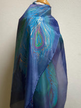 Load image into Gallery viewer, Peacock Feathers Design X Long Silk Scarf in Blues and Jade : Hand Painted Silk
