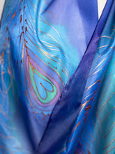Load image into Gallery viewer, Peacock Feathers Design X Long Silk Scarf in Blues and Jade : Hand Painted Silk
