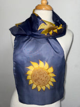 Load image into Gallery viewer, Sunflowers Design Hand Painted Silk Neck Scarf in Golden Yellow, Brown, Navy Blue, Gold Outliner
