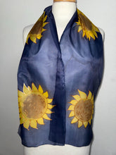 Load image into Gallery viewer, Sunflowers Design Hand Painted Silk Neck Scarf in Golden Yellow, Brown, Navy Blue, Gold Outliner
