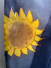 Load image into Gallery viewer, Sunflowers Design Hand Painted Silk Neck Scarf in Golden Yellow, Brown, Navy Blue, Gold Outliner
