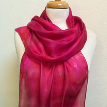 Load image into Gallery viewer, Hand Dyed Silk Neck Scarf in Cherry Red Lilac Blue by Designer Silk Artist
