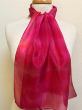 Load image into Gallery viewer, Hand Dyed Silk Neck Scarf in Cherry Red Lilac Blue by Designer Silk Artist
