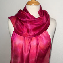Load image into Gallery viewer, Hand Dyed Silk Neck Scarf in Cherry Red Lilac Blue by Designer Silk Artist
