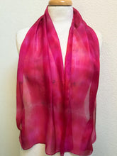 Load image into Gallery viewer, Hand Dyed Silk Neck Scarf in Cherry Red Lilac Blue by Designer Silk Artist
