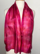 Load image into Gallery viewer, Hand Dyed Silk Neck Scarf in Cherry Red Lilac Blue by Designer Silk Artist
