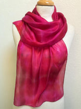 Load image into Gallery viewer, Hand Dyed Silk Neck Scarf in Cherry Red Lilac Blue by Designer Silk Artist
