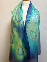 Load image into Gallery viewer, Peacock Feathers Design X Long Silk Scarf in Dark Blue : Hand Painted Silk
