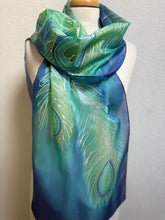 Load image into Gallery viewer, Peacock Feathers Design X Long Silk Scarf in Dark Blue : Hand Painted Silk
