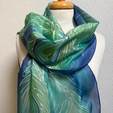 Load image into Gallery viewer, Peacock Feathers Design X Long Silk Scarf in Dark Blue : Hand Painted Silk
