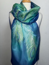 Load image into Gallery viewer, Peacock Feathers Design X Long Silk Scarf in Dark Blue : Hand Painted Silk
