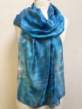 Load image into Gallery viewer, Hand Dyed Long Silk Scarf in Light Blues by Designer Silk Artist
