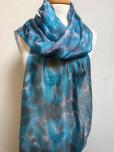 Load image into Gallery viewer, Hand Dyed Long Silk Scarf in Turquoise Grey White by Designer Silk Artist
