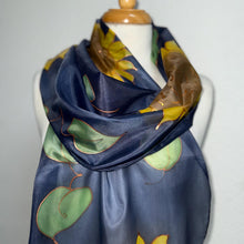 Load image into Gallery viewer, Sunflowers Design X Long Silk Scarf Navy and Yellow : Hand Painted Silk
