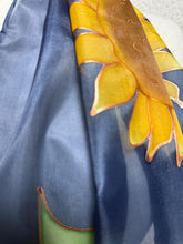 Load image into Gallery viewer, Sunflowers Design X Long Silk Scarf Navy and Yellow : Hand Painted Silk
