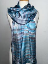 Load image into Gallery viewer, Hand Dyed Long Silk Scarf in Turquoise Grey White Stripes by Designer Silk Artist
