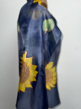 Load image into Gallery viewer, Sunflowers Design X Long Silk Scarf Navy and Yellow : Hand Painted Silk
