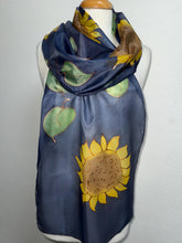 Load image into Gallery viewer, Sunflowers Design X Long Silk Scarf Navy and Yellow : Hand Painted Silk
