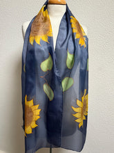 Load image into Gallery viewer, Sunflowers Design X Long Silk Scarf Navy and Yellow : Hand Painted Silk

