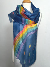 Load image into Gallery viewer, Rainbow Design X Long Silk Scarf Navy Silver : Hand Painted Silk
