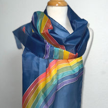 Load image into Gallery viewer, Rainbow Design X Long Silk Scarf Navy Silver : Hand Painted Silk
