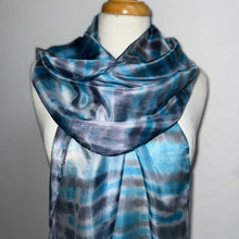Load image into Gallery viewer, Hand Dyed Long Silk Scarf in Turquoise Grey White Stripes by Designer Silk Artist

