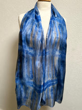 Load image into Gallery viewer, Hand Dyed Long Silk Scarf in Bluebell Grey Stripes by Designer Silk Artist
