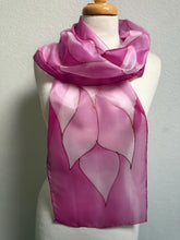 Load image into Gallery viewer, Flames Design Hand Painted Silk Neck Scarf in Rose Pinks by Designer Silk Artist
