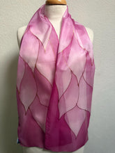 Load image into Gallery viewer, Flames Design Hand Painted Silk Neck Scarf in Rose Pinks by Designer Silk Artist

