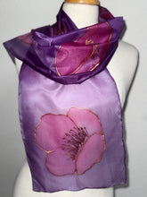 Load image into Gallery viewer, Poppies Design Hand Painted Silk Small Neck Scarf in Purple Shades by Designer Silk Artist
