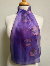 Load image into Gallery viewer, Sweet Peas Design Silk Neck Scarf in Purple Pink Copper by Designer Silk Artist
