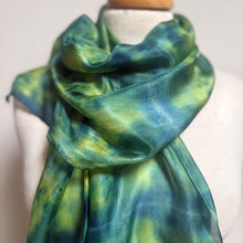 Load image into Gallery viewer, Hand Dyed Silk Small Neck Scarf in Green Lime Navy by Designer Silk Artist

