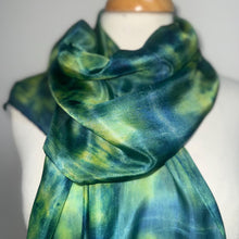 Load image into Gallery viewer, Hand Dyed Silk Small Neck Scarf in Green Lime Navy by Designer Silk Artist
