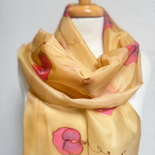Load image into Gallery viewer, Sweet Peas Design Silk Scarf in Beige, Purple, Pink : Hand Painted Silk by Designer Silk Artist
