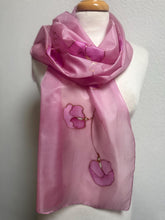 Load image into Gallery viewer, Sweet Peas Design Silk Scarf in Clover Pink Copper : Hand Painted Silk by Designer Silk Artist
