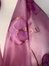 Load image into Gallery viewer, Sweet Peas Design Silk Scarf in Clover Pink Copper : Hand Painted Silk by Designer Silk Artist

