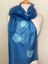 Load image into Gallery viewer, Sweet Peas Design Silk Scarf in Blues and Silver : Hand Painted Silk by Designer Silk Artist

